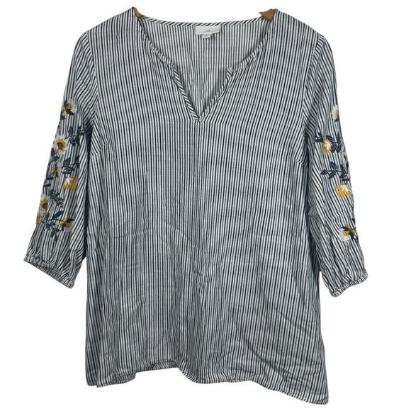 J.Jill Top Women MP Blue Cotton Tunic Striped Yellow Floral Embroidery Spring - Picture 1 of 8